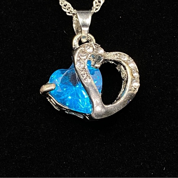 Blue & CZ Double Hearts Necklace on Chain - Picture 1 of 7